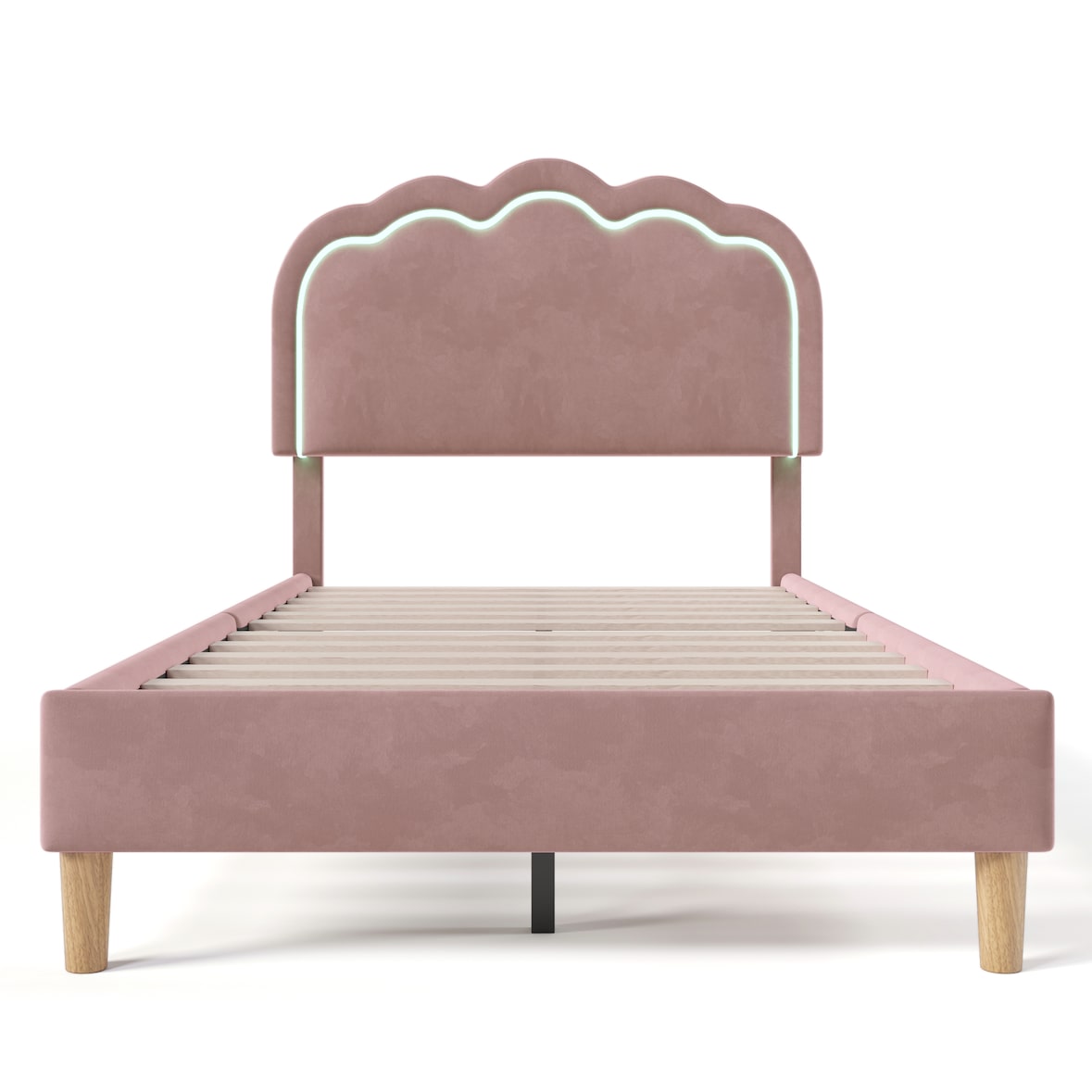Merax Polsterbett LED 90 x 200cm, Verstellbares Kopfteil, Gepolstertes bett in Rosa Samt