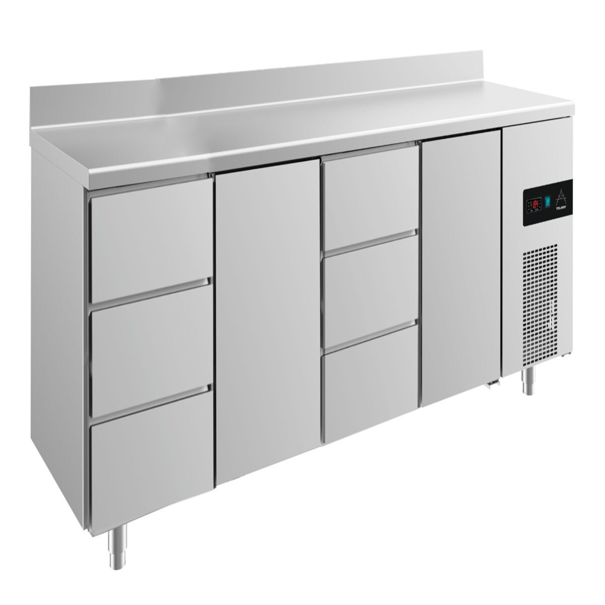A&S polarny Gastro Kühltisch 2 Türen mittig&rechts je 3 Schubladen links&mittig Umluftkühlung Aufkantung, 2330x700x850mm -2/+8°C 632l