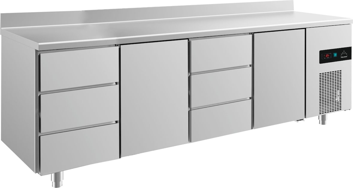 Gastro Kühltisch 2 Türen mittig&rechts je 3 Schubladen links&mittig Umluftkühlung Aufkantung, 2330x700x850mm -2/+8°C 632l