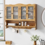 thumbnail of Hängeschrank Wandschrank Massivholz+Glas Natur 100x20x80 cm mit 4 Türen, herausnehmbaren Einlegeböden, Hakenleiste und offenem Fach
