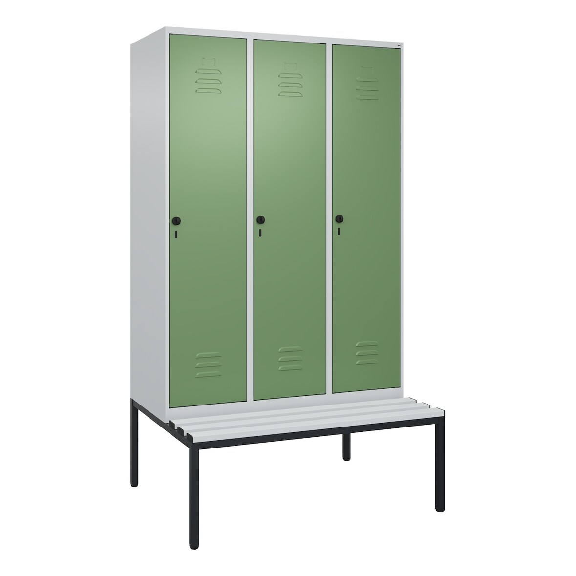 C+P Spind Classic PLUS, Kunststoff untergebaute Sitzbank, 3 Abteile, HxBxT 212x120x82cm, Sicherheitsdrehriegel, Hellgrau/Resedagrün von PROREGAL