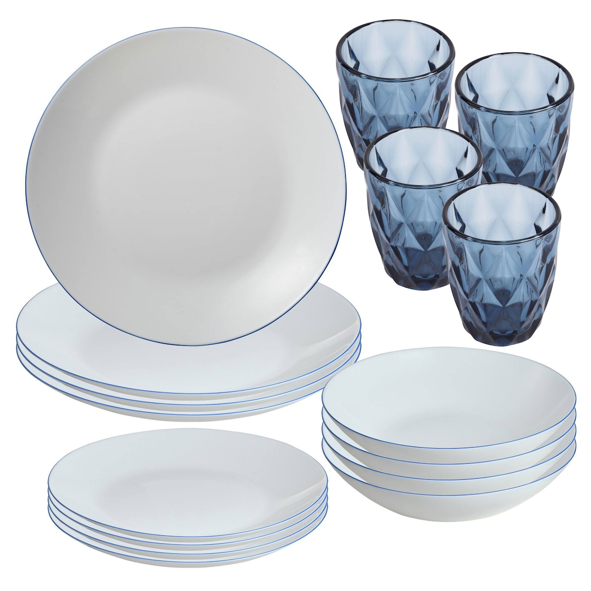 San Ignacio – 12-delige serviesset wit met blauwe rand en 4 glazen van kristalglas van 260 ml in blauw
