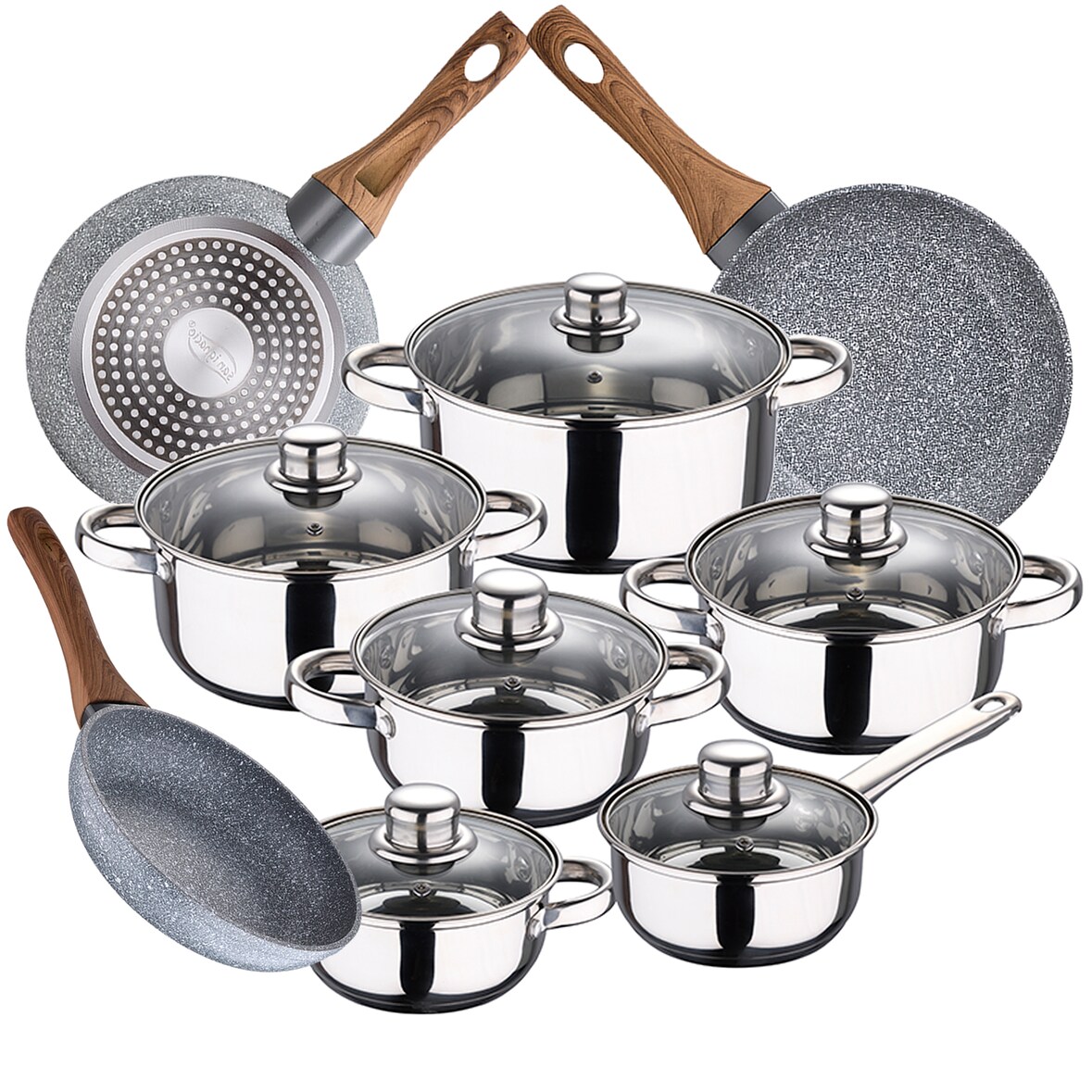 San Ignacio - Cassel - Batería de Cocina 14/14/16/18/20/24cm Acero Inox con Juego de Sartenes 20/24/28cm en Aluminio Forjado Apto para Inducción