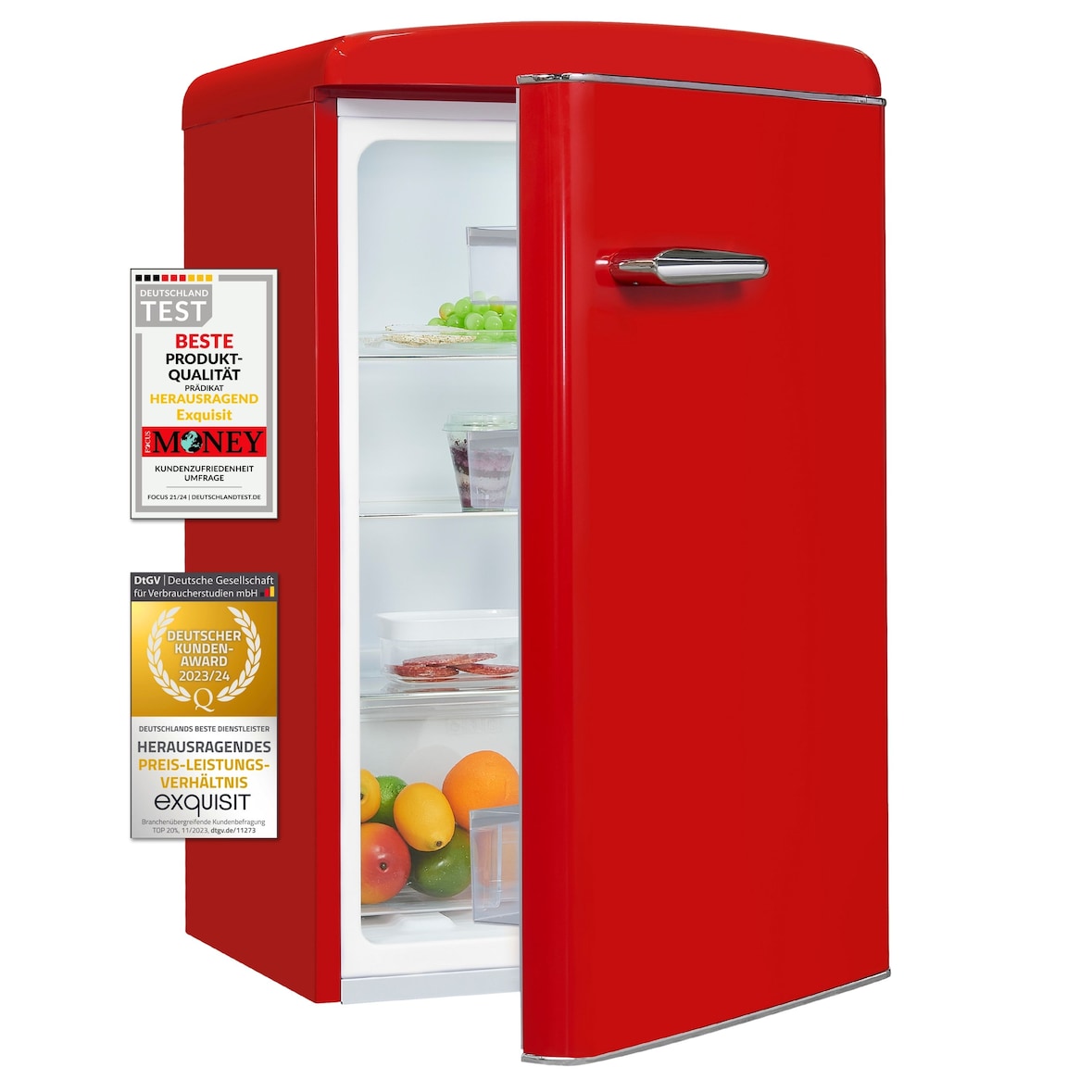 Exquisit Retro Vollraumkühlschrank RKS120-V-H-160E rot | Nutzinhalt: 122 L | Ohne Gefrierfach