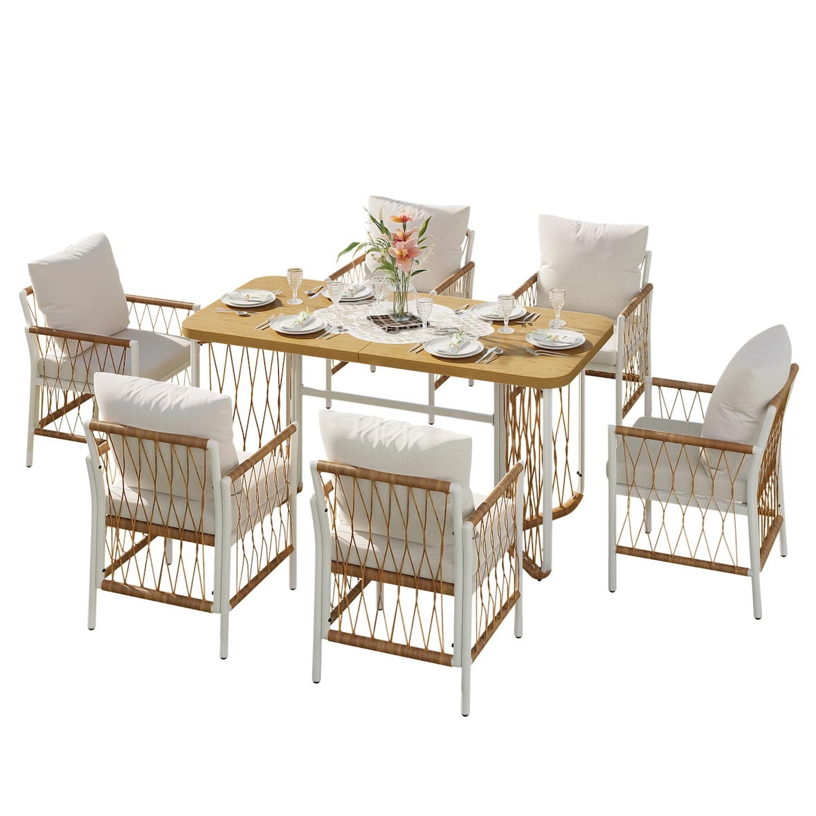 Merax Gartenmöbel Set 6-Sitzer, Outdoor Essgruppe mit Tisch und Stühlen, WPC Tisch Holzoptik, Eisengestell weiß, PE Rattan
