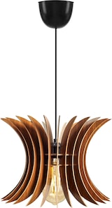 Eine hängende Lampe mit Holzlamellen.