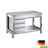 thumbnail of Edelstahl Arbeitstisch mit Grundboden, 3 Schubladen links, Premium: 140 x 70 cm / ohne Aufkantung / ohne Zwischenboden