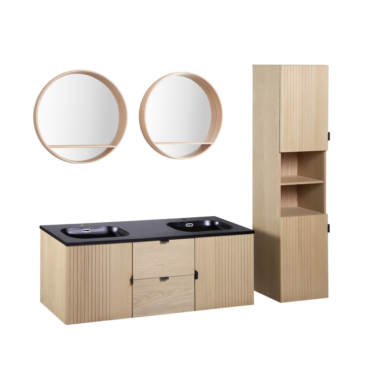 Meuble double vasque 140cm chêne STUDIO suspendu + miroir rond + colonne