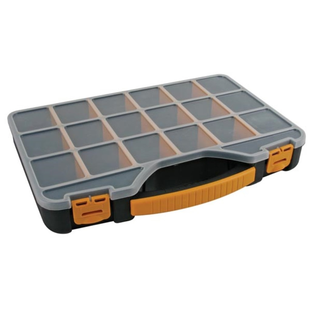 Boite de rangement, max. 20 compartiments, 16 séparateurs, couvercle transparent, empilable, 326 x 257 x 48 mm, noir/jaune