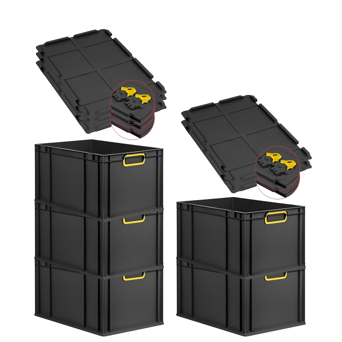 PROREGAL SuperSparSet 5x Eurobox NextGen Color mit Scharnierdeckel & Verschlüssen, HxBxT 32x40x60cm, 65L, Schwarz, Griffe gelb zu, Eurobehälter