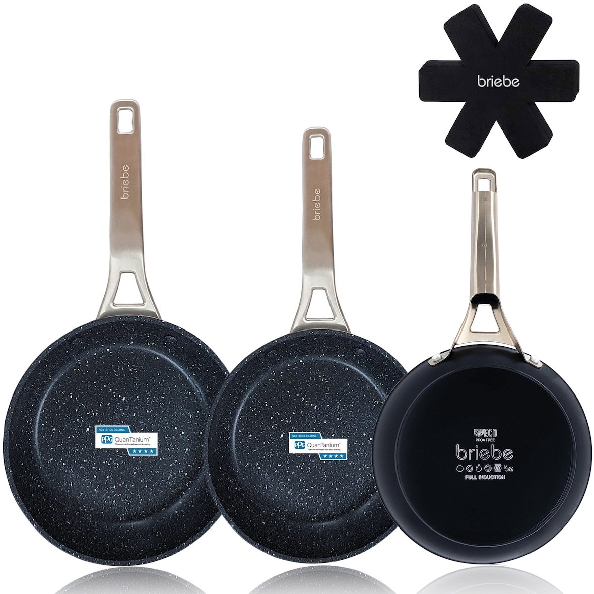 Briebe Black Titanium Set 3 Sartenes Antiadherentes Inducción Titanio 20-24-28cm, Aluminio Forjado Antiadherente, Negro