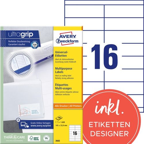 AVERY Zweckform ultragrip Laser Universaletiketten 3665 Selbsthaftend DIN A4 Weiß 105 x 33,8 mm 100 Blatt à 16 Etiketten