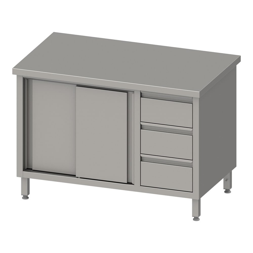 Stalgast Edelstahl Arbeitsschrank mit Schiebetüren, 1700x700x850 mm, mit 3er Schubladenblock rechts, ohne Aufkantung, verschweißt