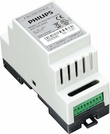 Ein weißes elektrisches Gerät mit grünen Anschlüssen.