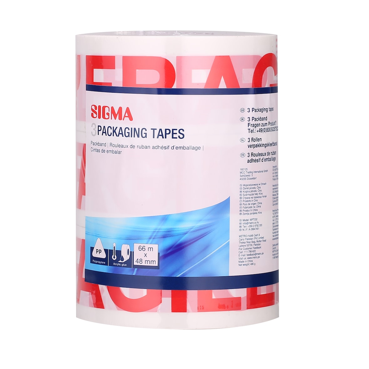 SIGMA Klebeband Fragile, 48 mm x 66 m, transparent, 3 Stück