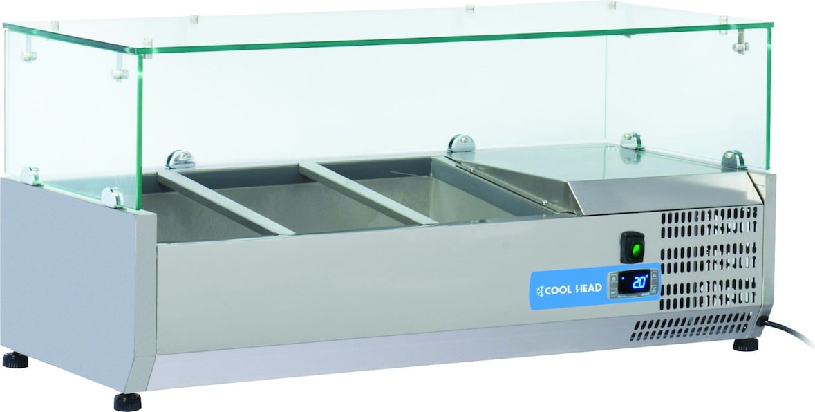 Edelstahl-Kühlvitrine für 2 GN1/3 + 1 GN1/2 Tabletts. Abmessungen 100x39.5x44h cm. Temperatur +2°C/+8°C. Kühlkopf VRX 10/38