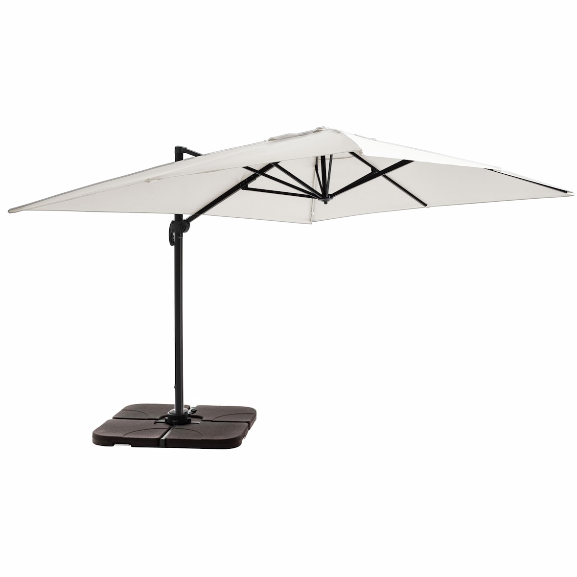 Vrijhangende parasol 3×4 m kantelbaar, draaibaar en met 4 vulbare tegels van wit aluminium