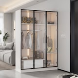 thumbnail of Großer Kleiderschrank 110x50x160 cm mit LED Beleuchtung, 3 Glastüren, Soft-Close, Schublade, Kleiderstange, Aufbewahrung Weiß