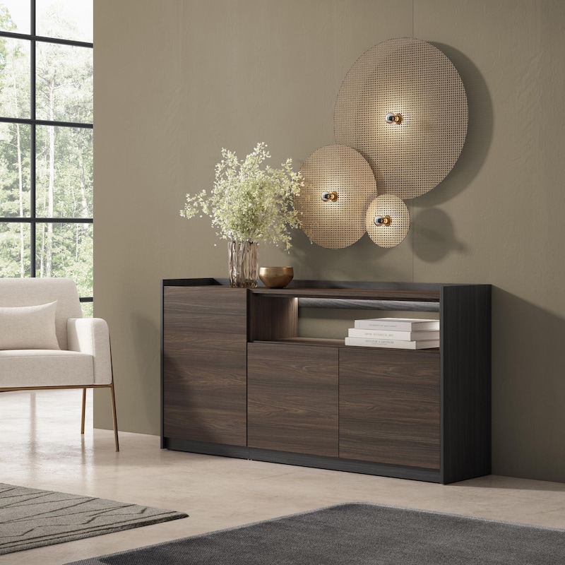 Credenza, Mobile, Cucina, 156x80x37 cm, 3 Porte, LED, Rovere scuro e ...