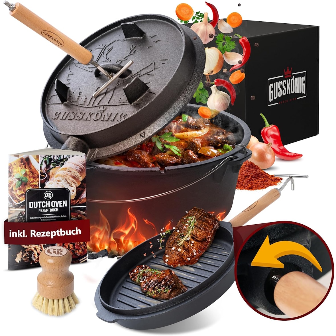 GUSSKÖNIG Dutch Oven Set 9 Liter Feuertopf Gusseisen mit Füßen inkl. 2in1 Deckelheber Bürste Rezeptbuch
