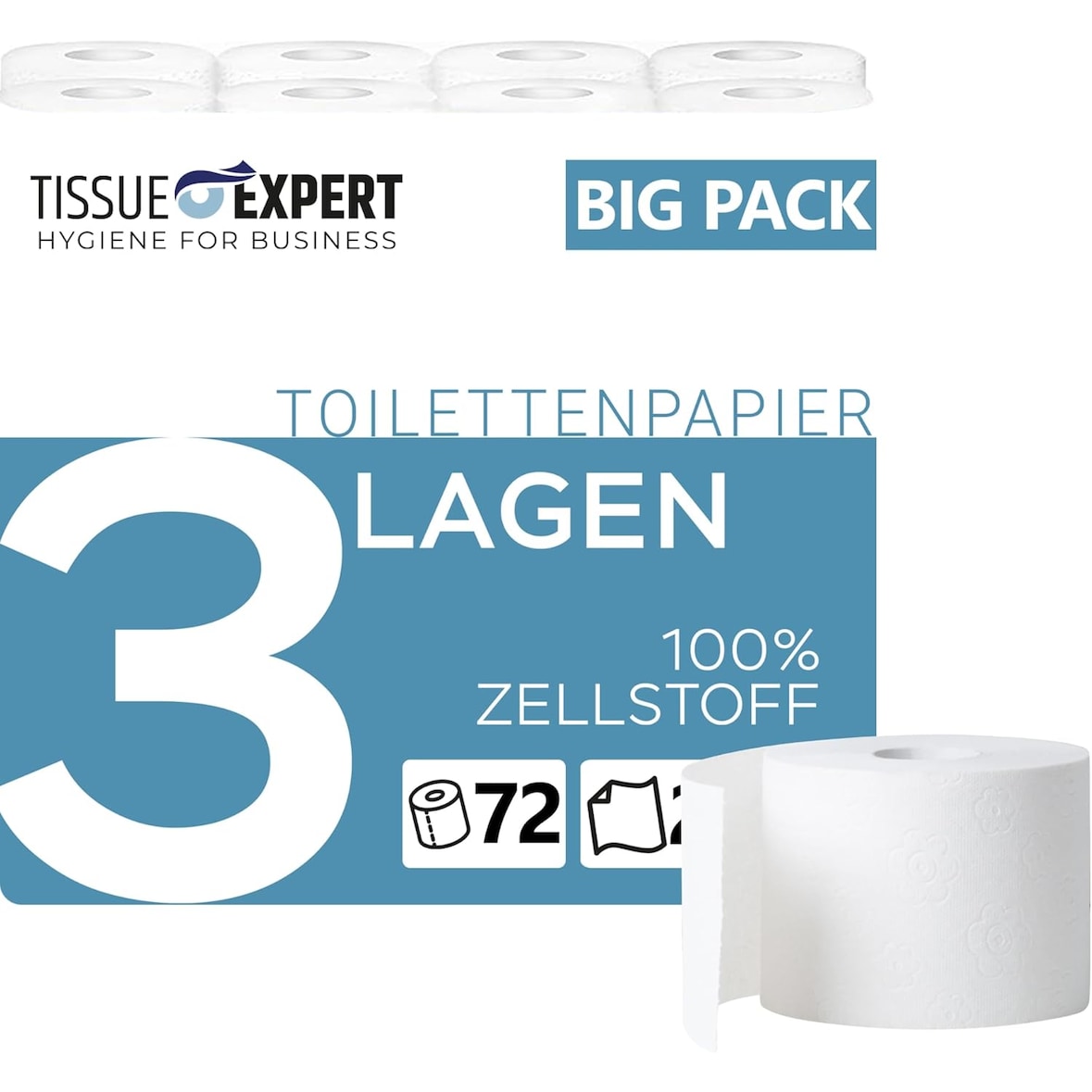 Toilettenpapier, 3-lagig, 72 Rollen x 250 Blatt, 100% Zellstoff, superweiches Klopapier, Großpackung für Gewerbe, Verpackung aus 60% PCR-Anteil