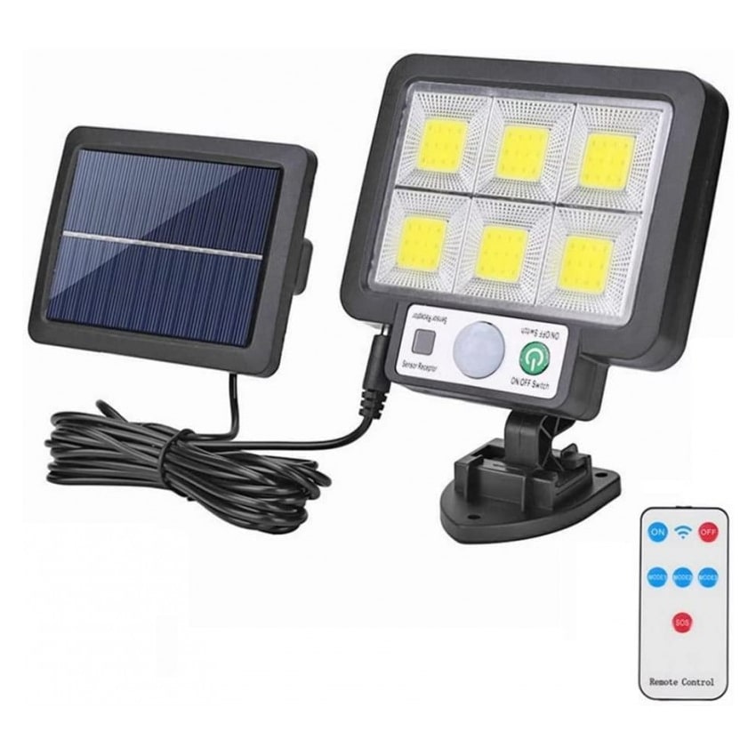 Lâmpada solar LED com sensor de movimento 72 LED-COB regulável com controlo remoto Luz solar Exterior jardim impermeável.
