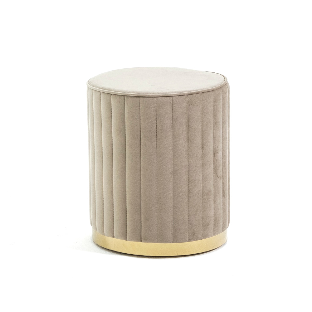 Poef van gewatteerd fluweel met verchroomde basis, ⌀36 cm, voor interieur/slaapkamer/woonkamer/hal – Ruby–Beige/Goud