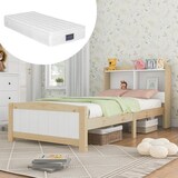 thumbnail of Stauraumbett 90x200 cm mit integriertem Bücherregal Taschenfederkernmatratze Holz Konstruktion niedriger Fußteil modernes Design Grau Weiß