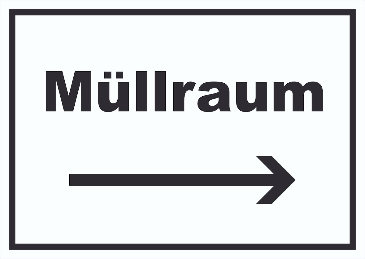 Müllraum Schild mit Text Richtungspfeil rechts Abfall Mülltrennung waagerecht A4 Rückseite selbstklebend