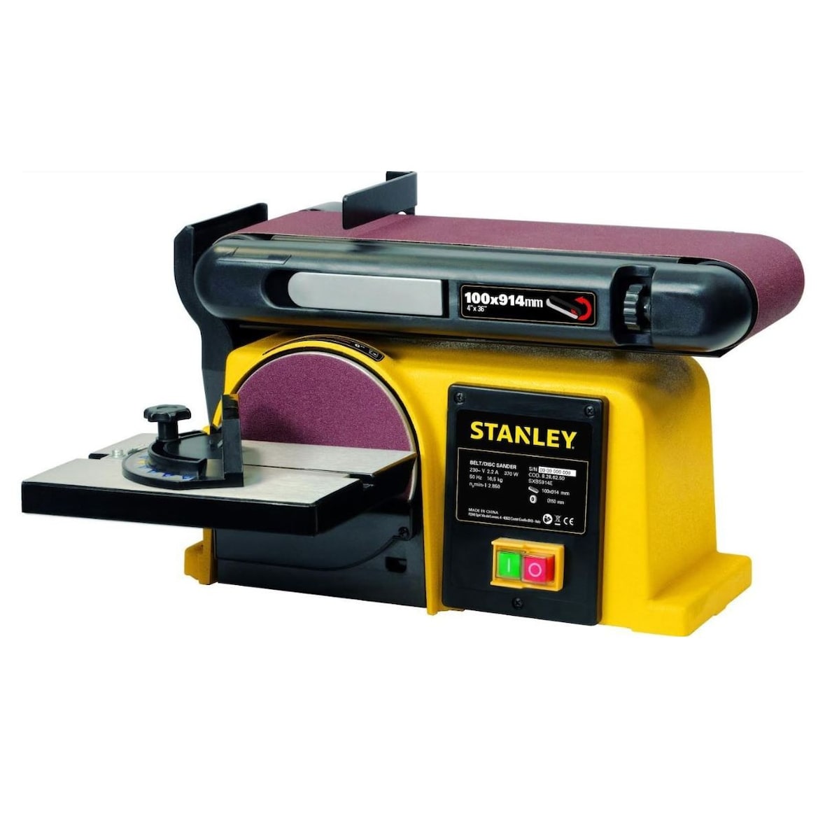 Lijadora de banco 370W 2 en 1 Disco 150mm Correa 100x914mm Base Hierro fundido Lijado Pulido Madera y metales Stanley