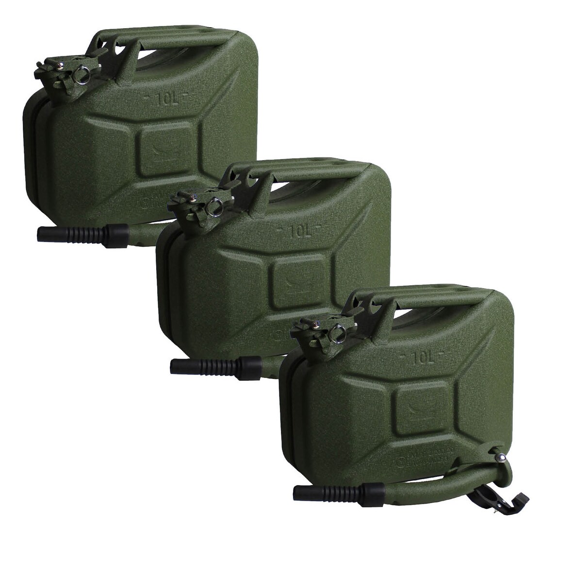 3x Benzinkanister Kraftstoffkanister Metall 10 Liter Hammerschlag  Olivgrün inkl. Ausgießer + Halter