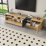 thumbnail of TV-Schrank 200x45x45cm mit 3 offenen Fächern, Klapptür & Seitentüren, modern, robust, Stauraum für Wohnzimmer, Medienmöbel, Holzoptik Schwarzgrau