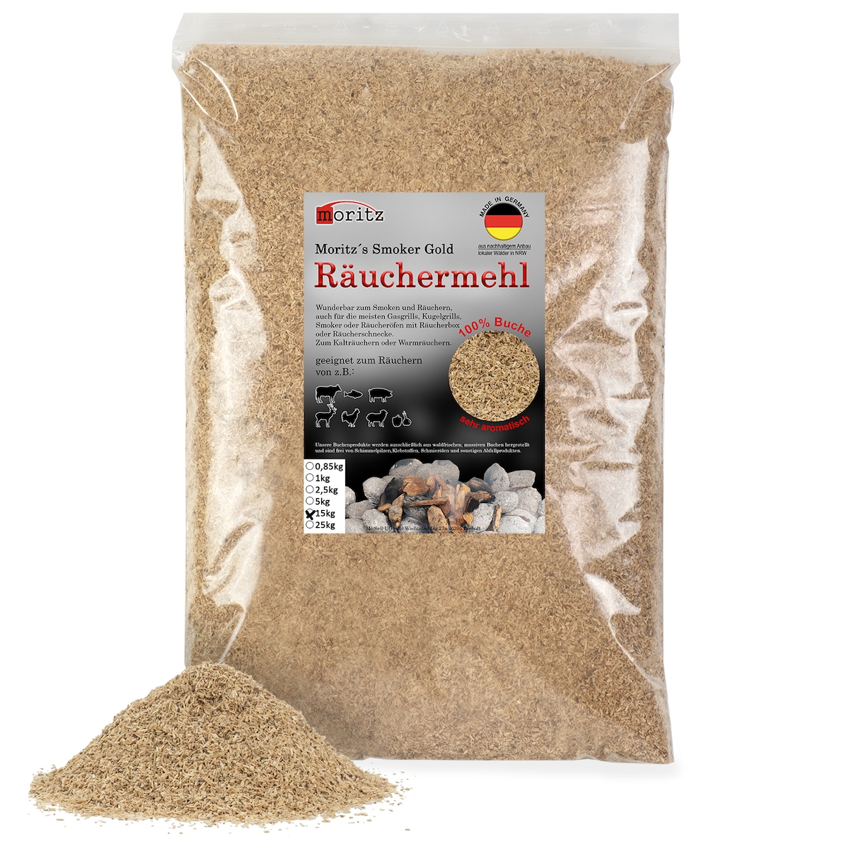 Moritz 15kg Räuchermehl Buche fein 0,5 -1 mm Räuchern I Kalträuchern von Fisch Fleisch Wurst Käse Gemüse auch für BBQ I Grill - Räucherspäne