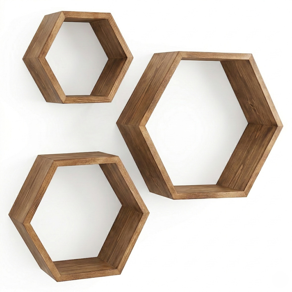 IvoQ Hexagon Wandplanken Hout - Set van 3 - Grenen - Zwevend Wandrek - Honingraat - Natuurlijk