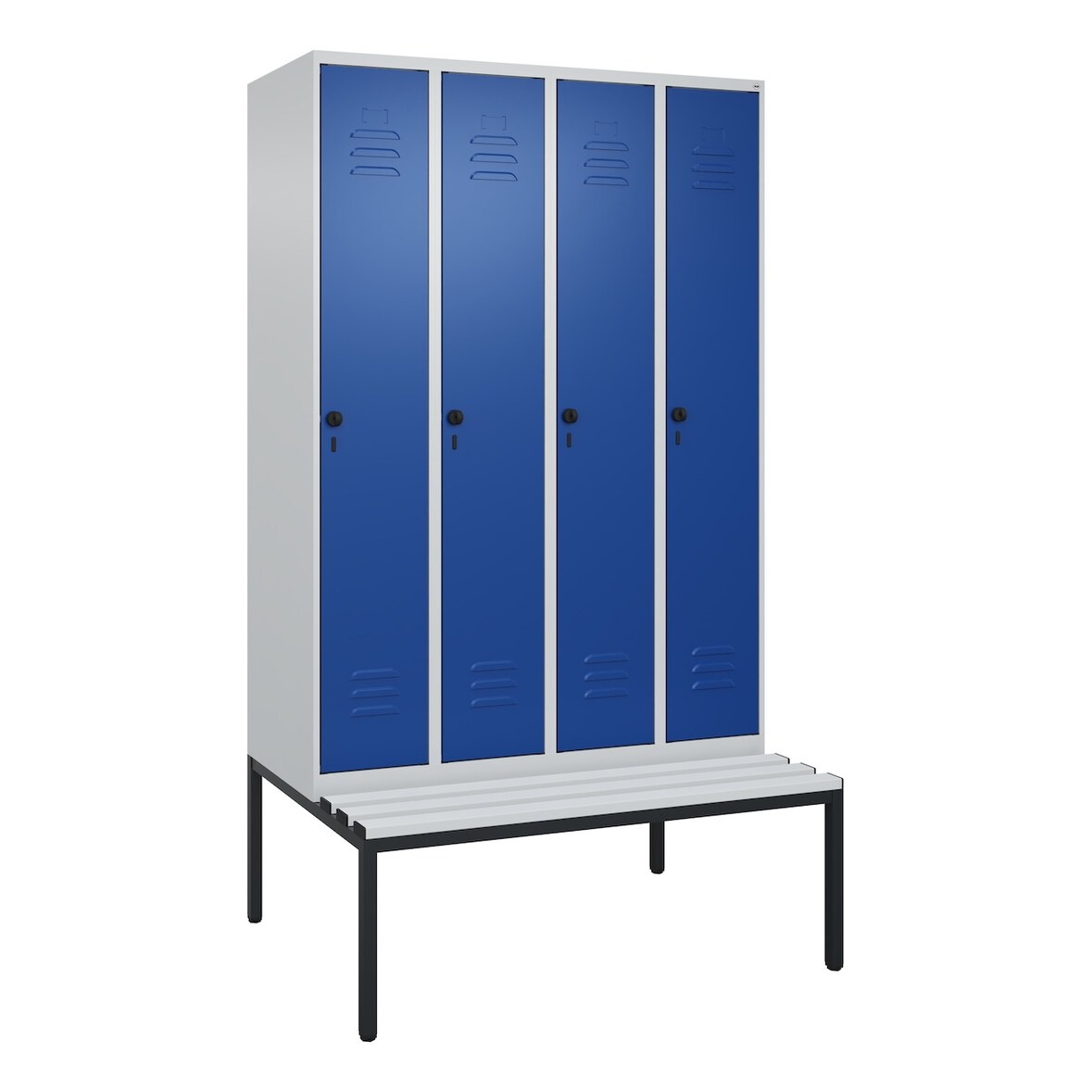 C+P Spind Classic PLUS, Kunststoff untergebaute Sitzbank, 4 Abteile, HxBxT 212x120x82cm, Sicherheitsdrehriegel, Hellgrau/Enzianblau von PROREGAL
