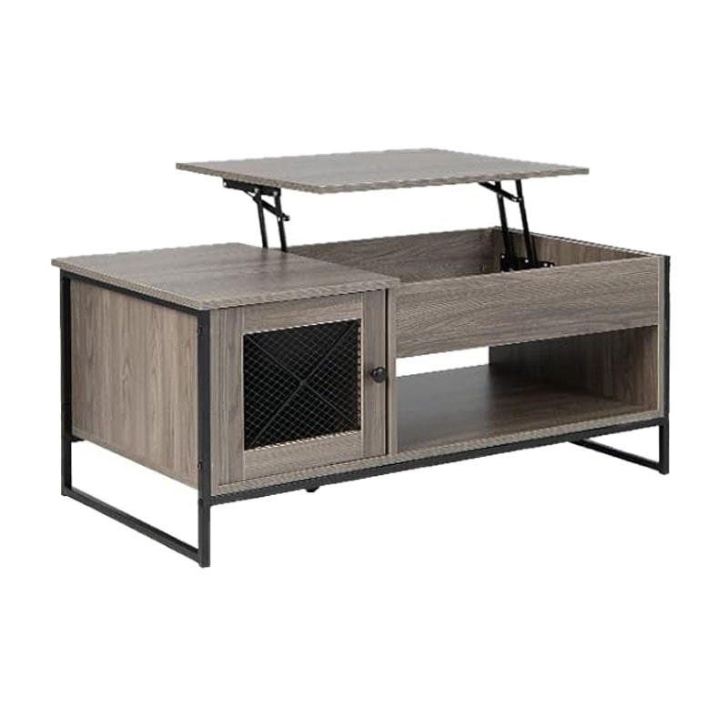 COSTWAY Tavolino regolabile in altezza, tavolino a 2 ripiani con spazio contenitore nascosto e ante