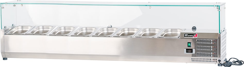 Romux® Kühlvitrinen für Tapas 160x33x44 cm aus Edelstahl und Glashaube mit 8 Becken GN 1/4 | Gekühlte Vitrine mit digitalem Dixell-Thermostat