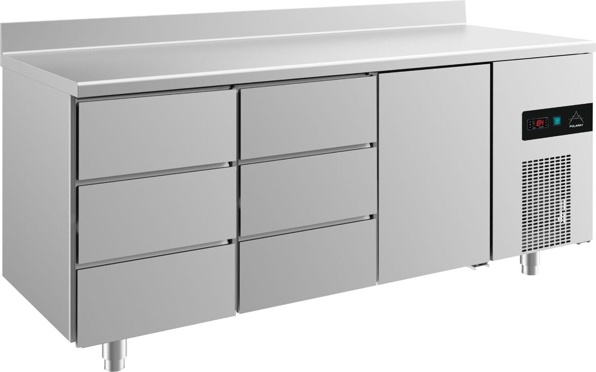 Gastro Kühltisch 1 Tür rechts 6 Schubladen links&mittig Umluftkühlung Aufkantung, 1865x700x850mm -2/+8°C