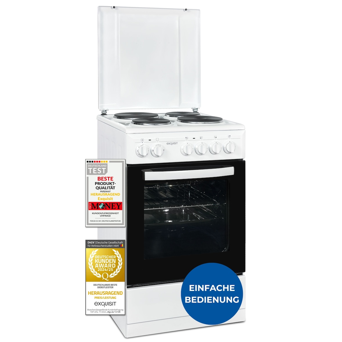 Exquisit Elektro-Standherd EH9-3-090 weiss | Energieeffizienzklasse A | 48 l Garraum | Massekochfeld | Elektro-Standherd 50 cm