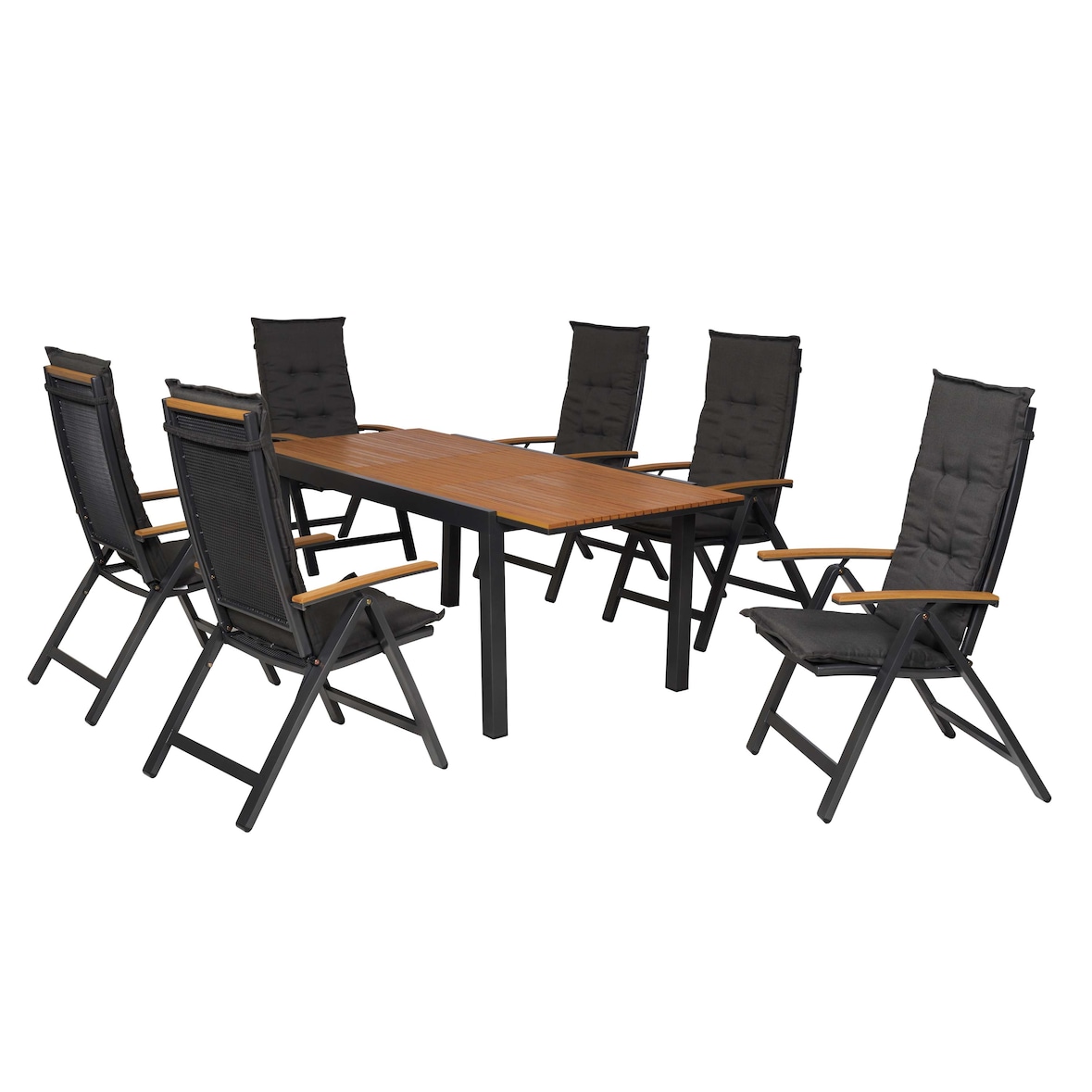Merxx Itanos Set 13tlg., 6 Klappsessel, 6 Auflegepolster, 1 Tisch 150(200) x 90 cm, Aluminium