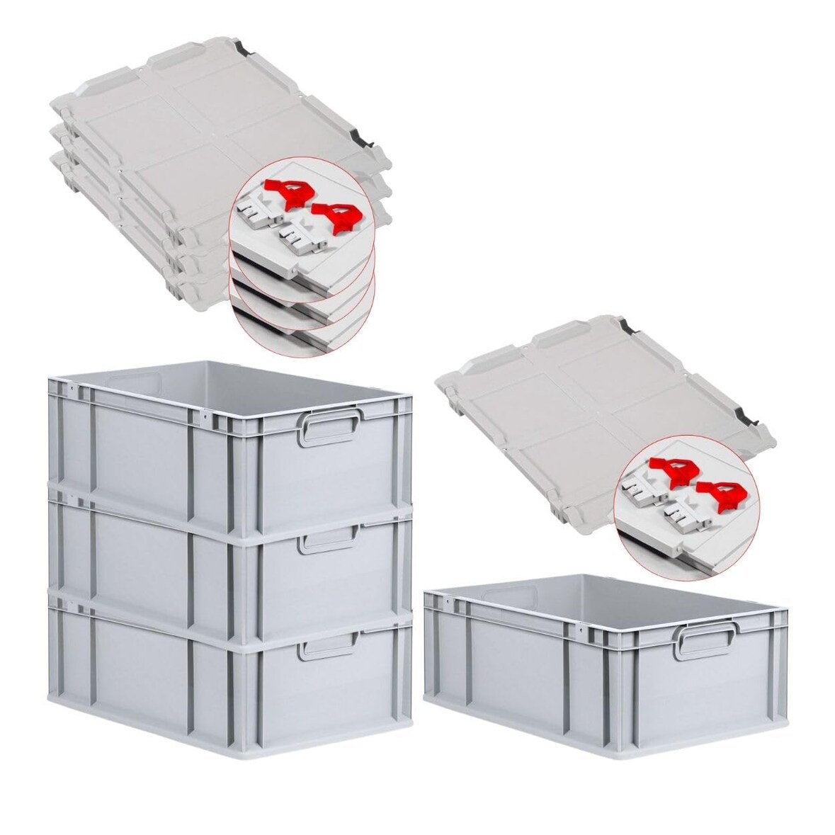 PROREGAL SuperSparSet 4x Eurobox NextGen Economy mit Scharnierdeckel & roten Verschlüssen, Griffe zu, HxBxT 22x40x60cm, 44L, Eurobehälter, Box