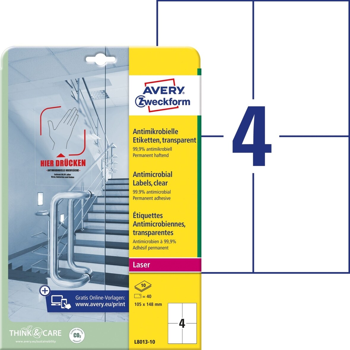 Etiketten antimikrobiell 105x148mm permanent transparent VE=10 Bogen/40 Stück