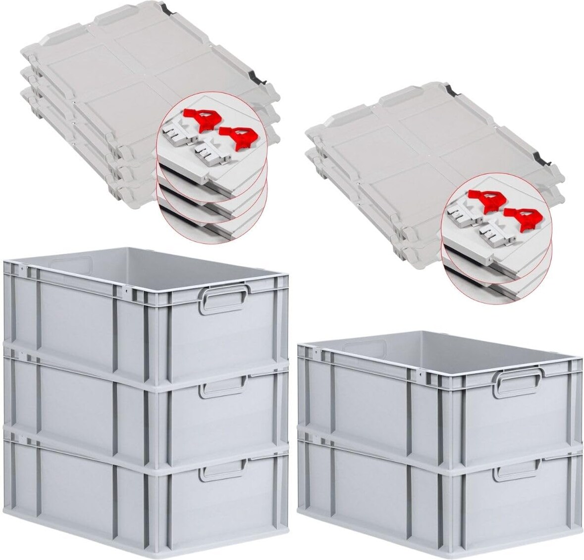 PROREGAL SuperSparSet 5x Eurobox NextGen Economy mit Scharnierdeckel & roten Verschlüssen, Griffe zu, HxBxT 22x40x60cm, 44L, Eurobehälter, Box