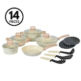 thumbnail of Batterie de cuisine 14 pièces avec revêtement en granit et manche en bois Beige  HGWDBEJ14-BEI usage non-intensif Herzberg