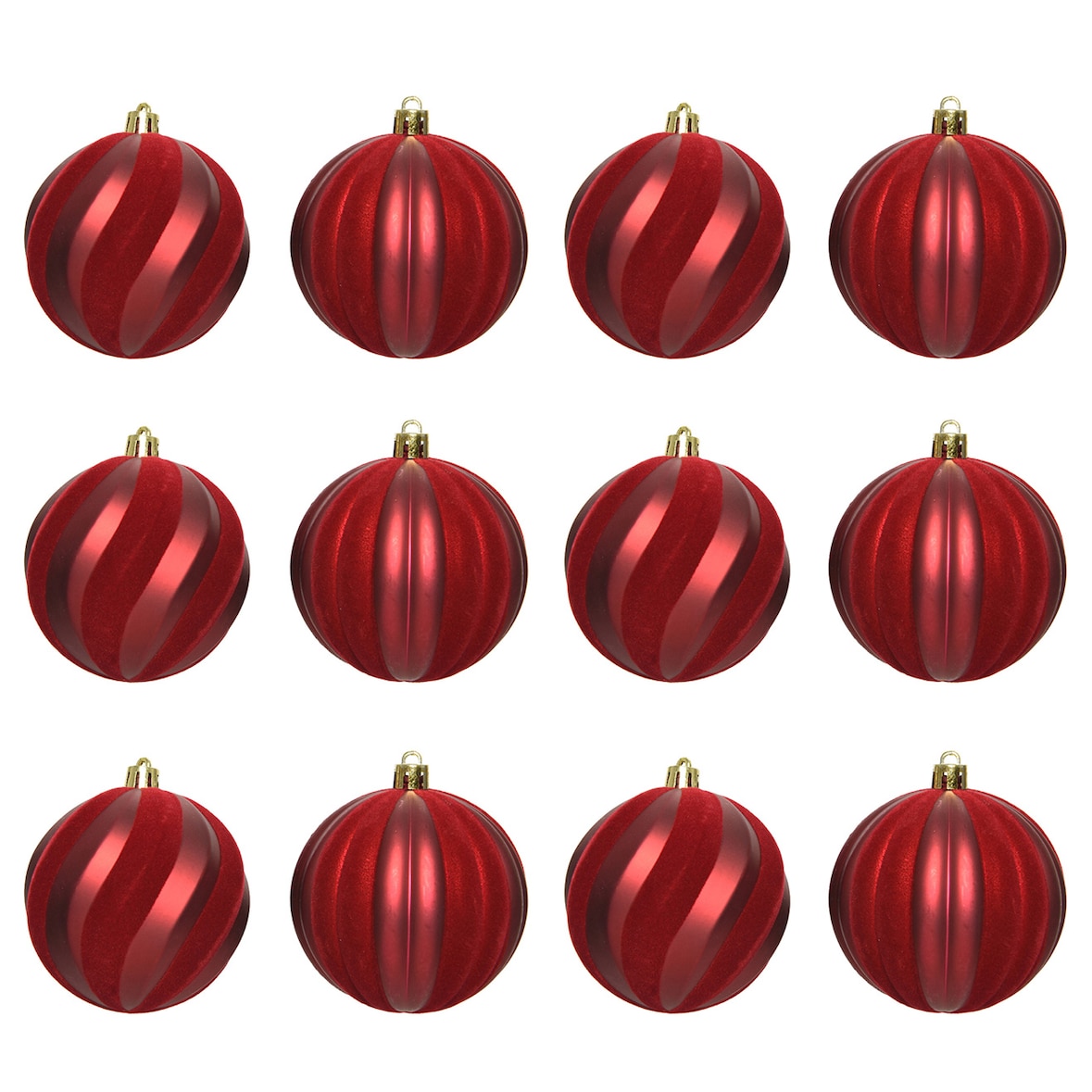 12 Weihnachtskugeln 8cm Kunststoff Samt Streifen geriffelt Christbaumkugeln rot