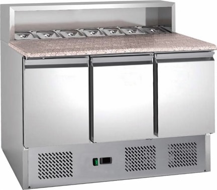 Gastro Kühltisch Pizzakühltisch Edelstahl | Granitarbeitsplatte | 333 L | 3 Türen | Kühltheke Profi