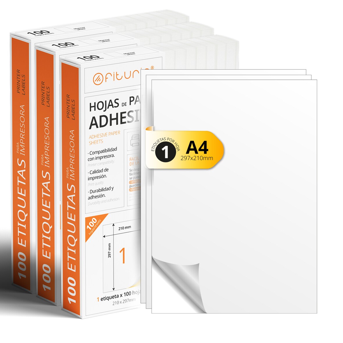 Folios A4 de Etiquetas Adhesivas Blancas, Crea tus Pegatinas Personalizadas, Etiqueta Adhesiva para Imprimir - Ofituria (1 por hoja, 300h)