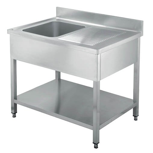 Lavello in acciaio inox 1 vasca con gocciolatoio a destra e ripiano inferiore, dim.mm 1200x700x950h - mod.GD127BL1
