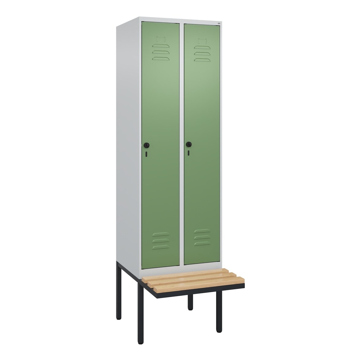 C+P Spind Classic PLUS, schwebender Sitzbank aus Buche 2 Abteile, HxBxT 212x60x82cm, Sicherheitsdrehriegel, Hellgrau/Resedagrün von PROREGAL