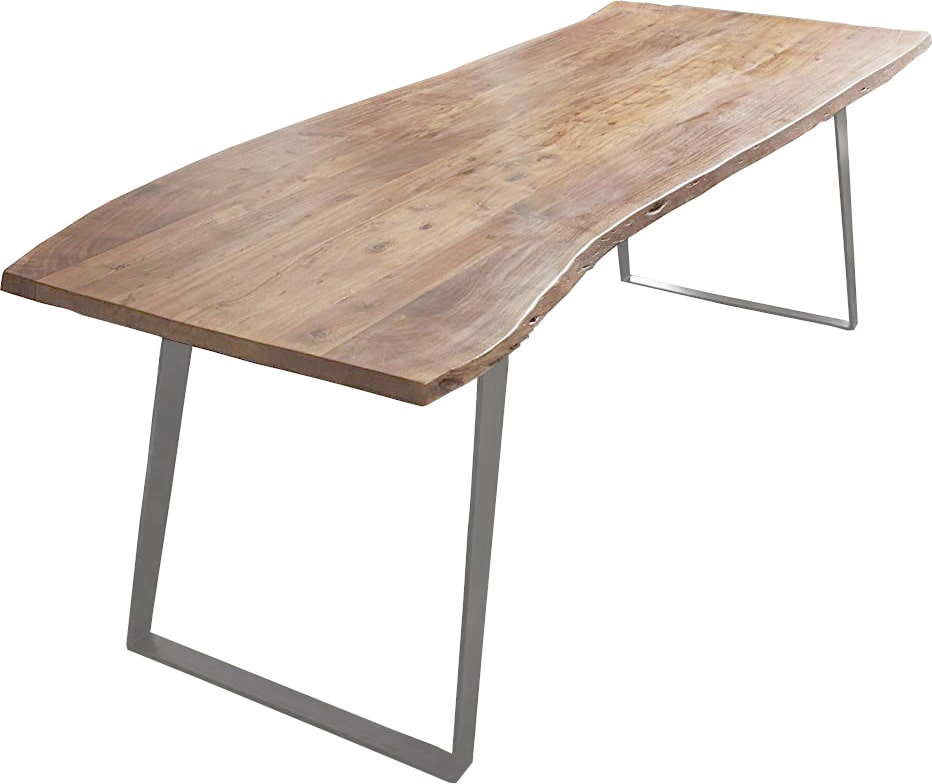 Esstisch Baumkante Akazie natur 220x100 silber schräges U-Gestell HOBART